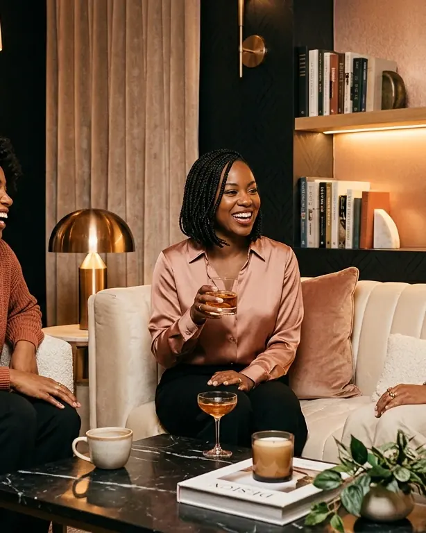Black women of The TakeOFF Collective talking together in a warmly lit lounge