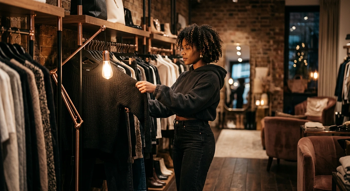 The TakeOFF Collective boutique at dusk, warm lamplight over racks of clothing