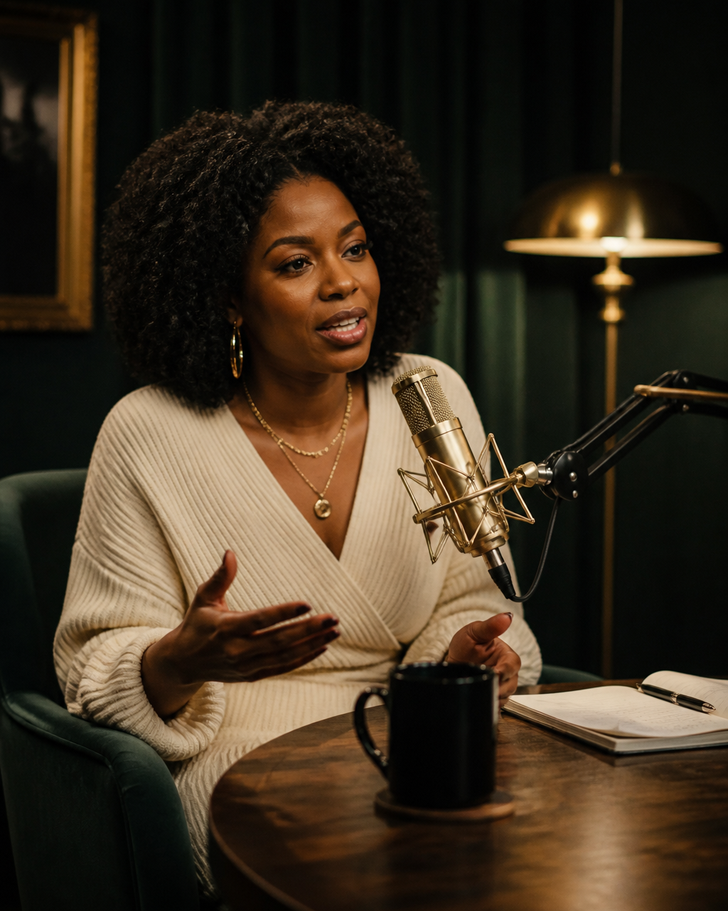 A Black woman recording a TakeOFF Collective conversation in a warmly lit studio
